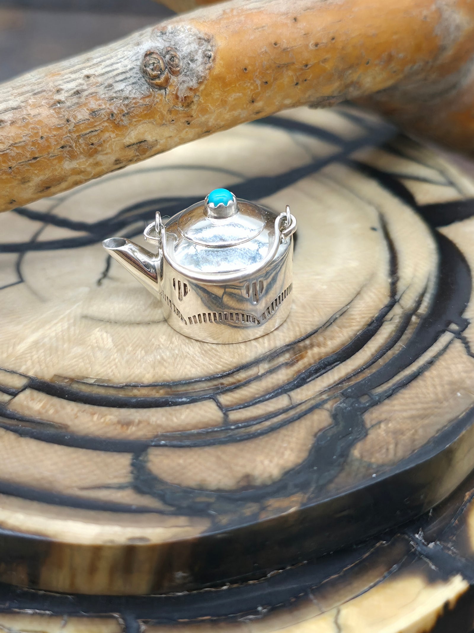 Mini Sterling Silver Tea Kettle with Turquoise by Wesley Whitman - 1 in. by 1 in. - Designs Vary
