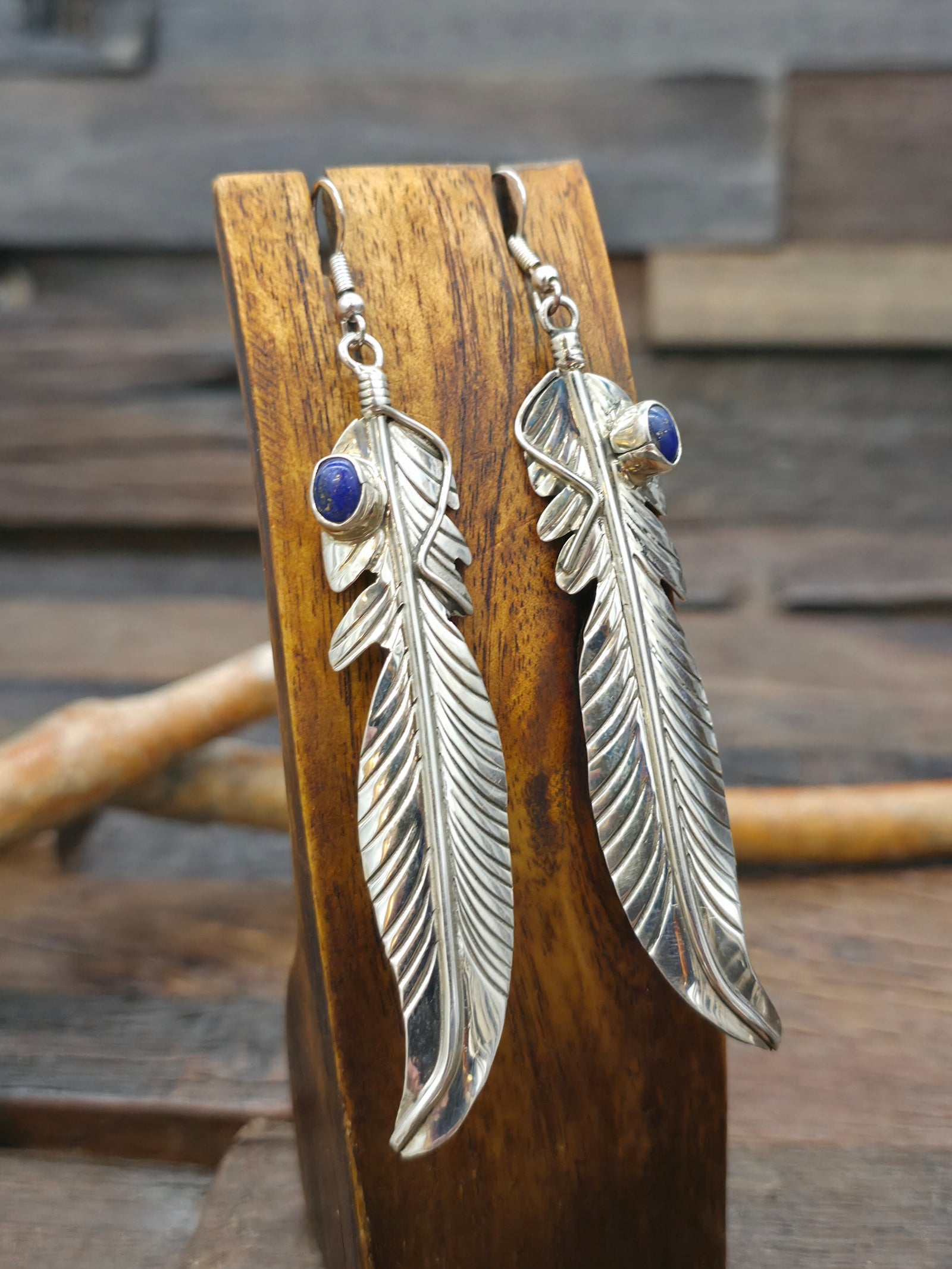Large Lapis Sterling Silver Feather Earrings by Jeff Largo