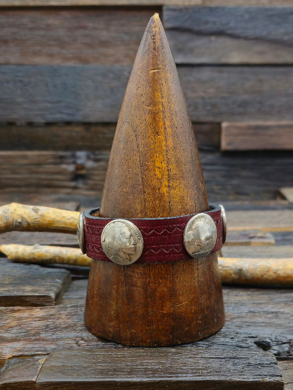 Buffalo and Chief Nickle Red Leather Snap Bracelet 9 1/2 in.