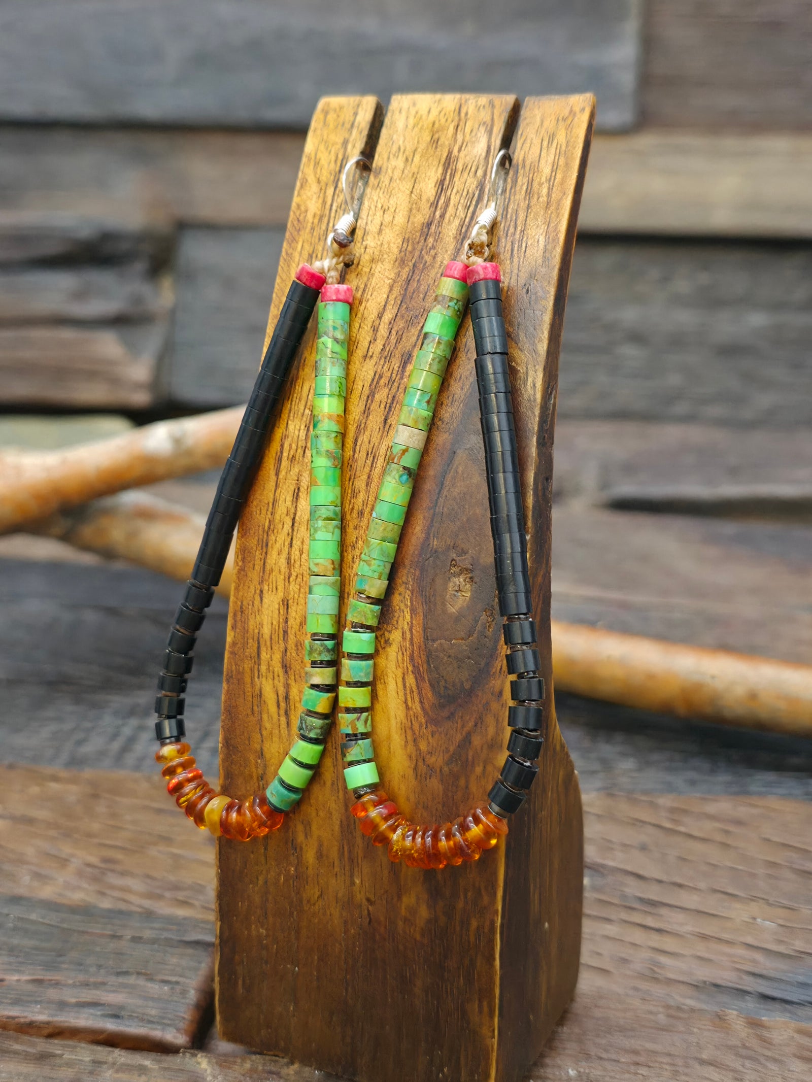 Green Turquoise Heishi, Jet and Amber Jacla Earrings by Robert Coriz - 3 3/4 in. by 1 in.