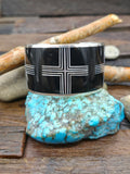 Sterling Silver Mother of Pearl and Onyx Santa Fe Cross Inlay Bracelet by Charles Willie - 6 1/2 in. with Gap