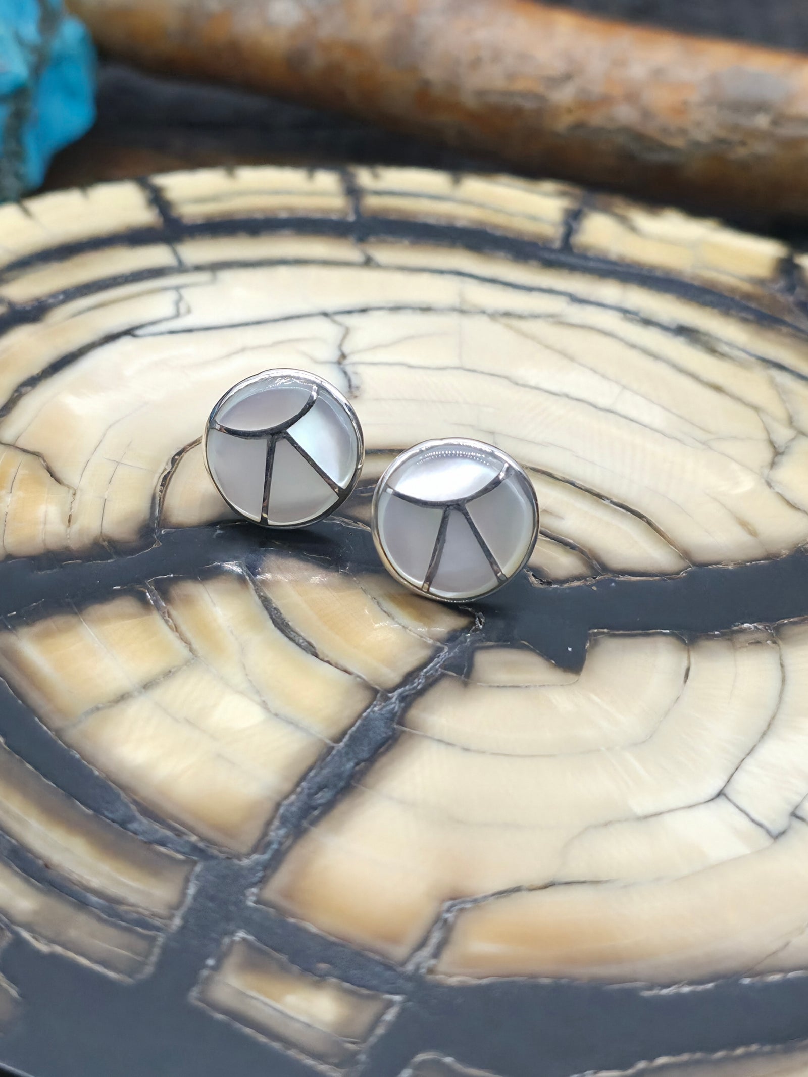 Sterling Silver Mother of Pearl Inlay Post Earrings - 1/2 in. Diameter