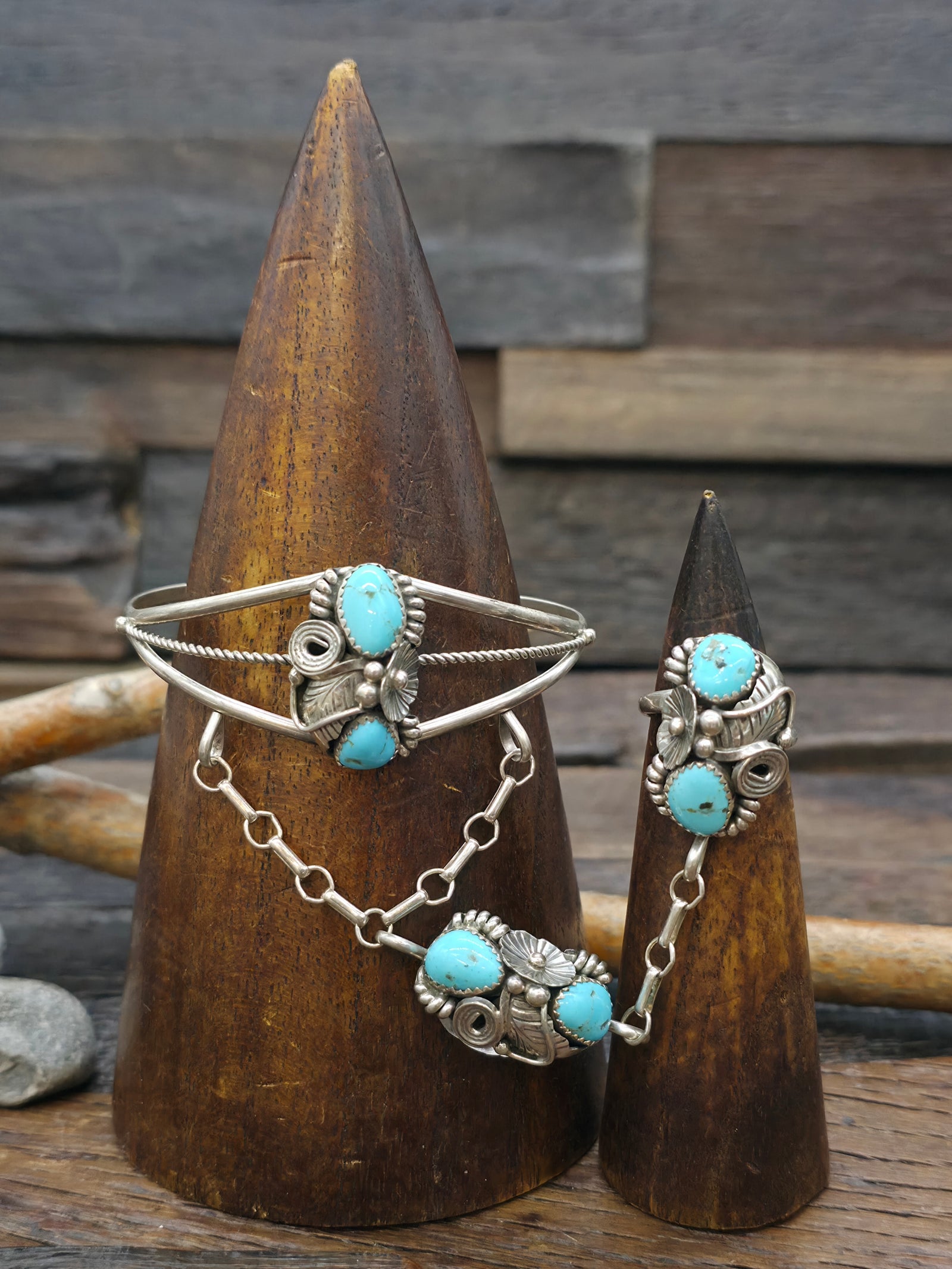 Sterling Silver Turquoise Cuff and Attached Ring Set by Harry Yazzie - Cuff 6 3/4 in. w/gap, Ring Size 7