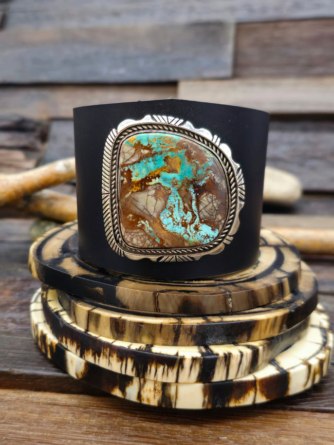 Leather and Sterling Silver Turquoise Bracelet by Gene Belone - 8 in.
