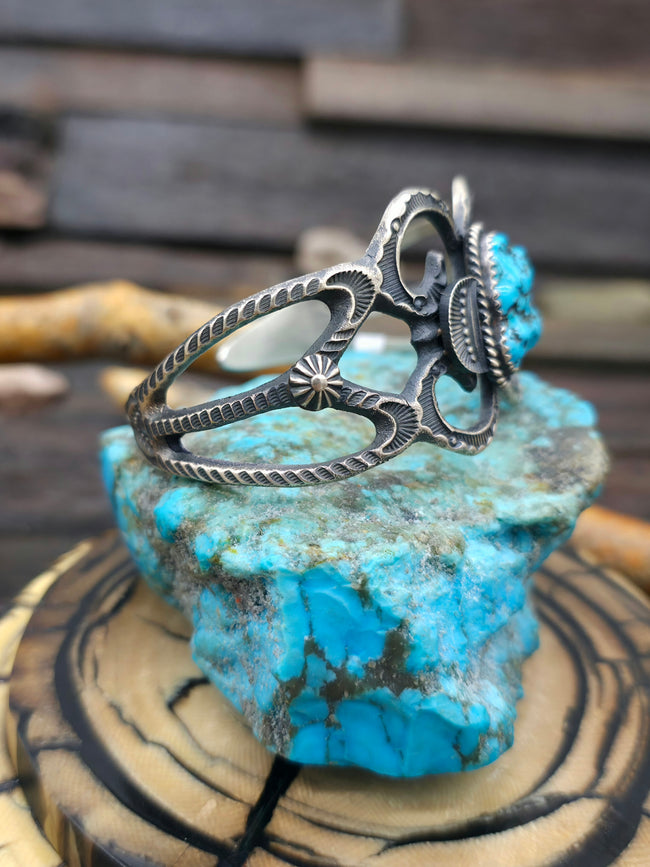 Cast and Stamped Sterling Silver Turquoise Cuff by Kevin Billah - 6 1/4 in.