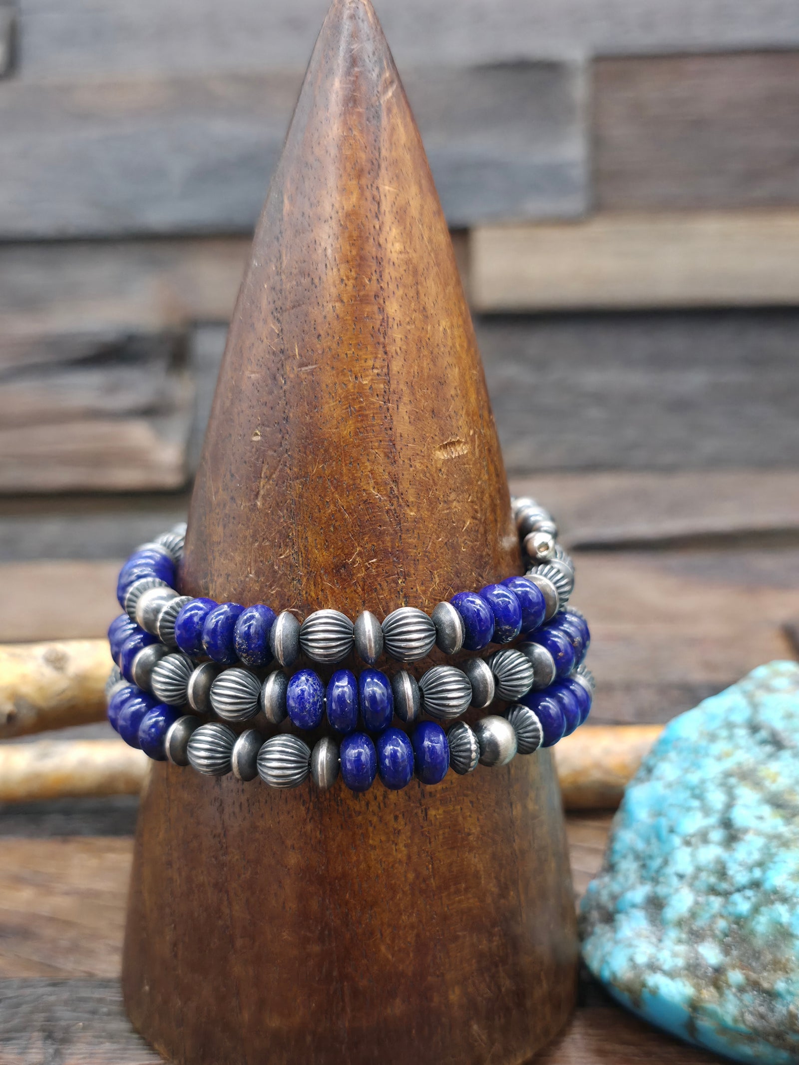 Oxidized Sterling Silver and Lapis Rondelle Wrap Bracelet - Adjustable
