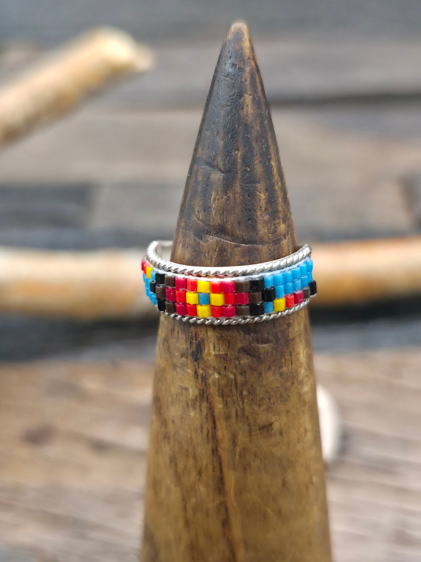 Beadwork Sterling Silver Ring by Lucille Ramone - Blue and Yellow Cross Center - Size 7