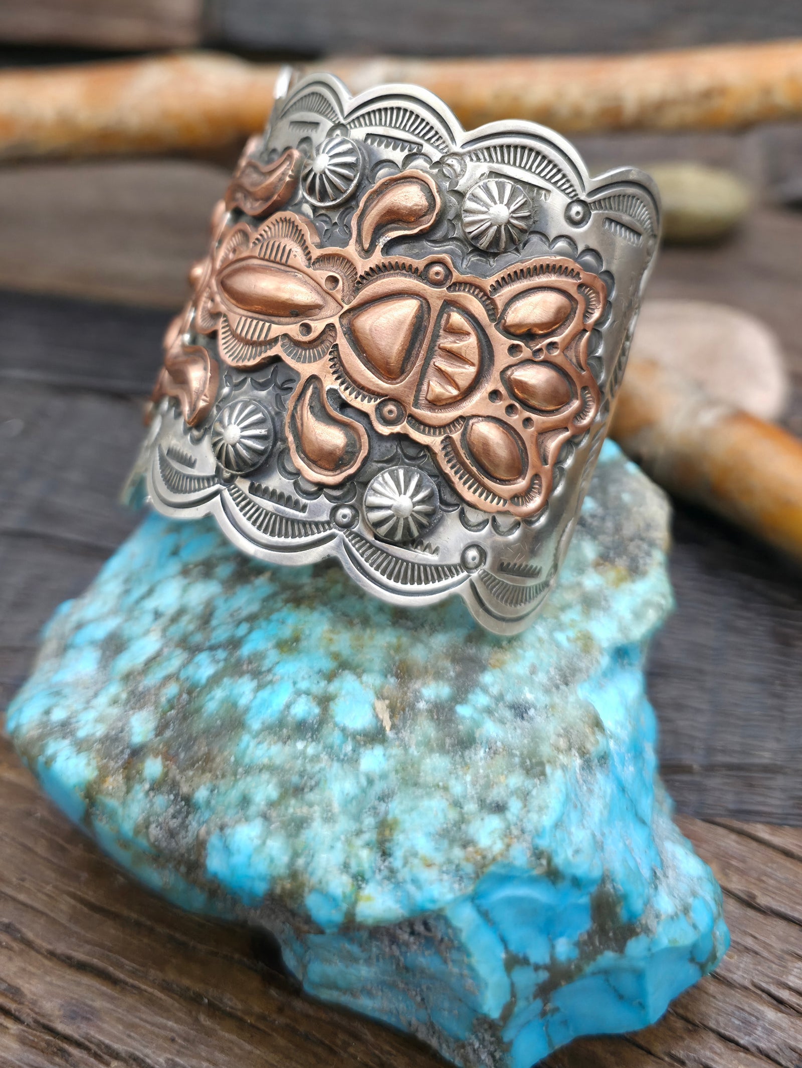 Stamped Sterling Silver Cuff Bracelet with Copper Overlay by Dean Sandoval - 6 3/4 in. with Gap