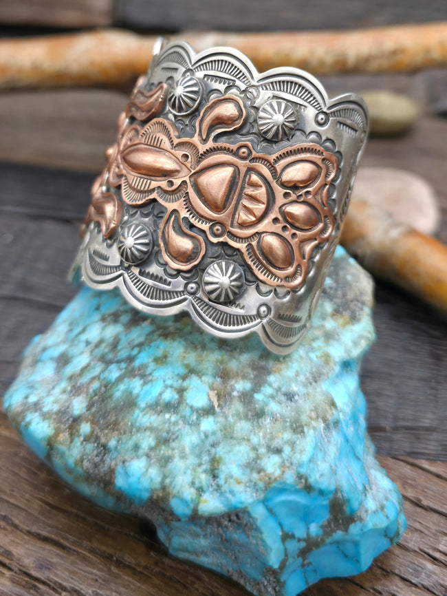 Stamped Sterling Silver Cuff Bracelet with Copper Overlay by Dean Sandoval - 6 3/4 in. with Gap