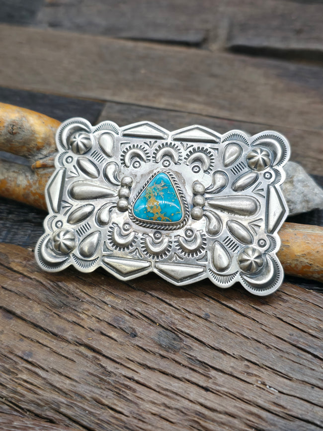 Stamped Sterling Silver Blue Gem Turquoise Belt Buckle by Dean Sandoval - 3" by 2"