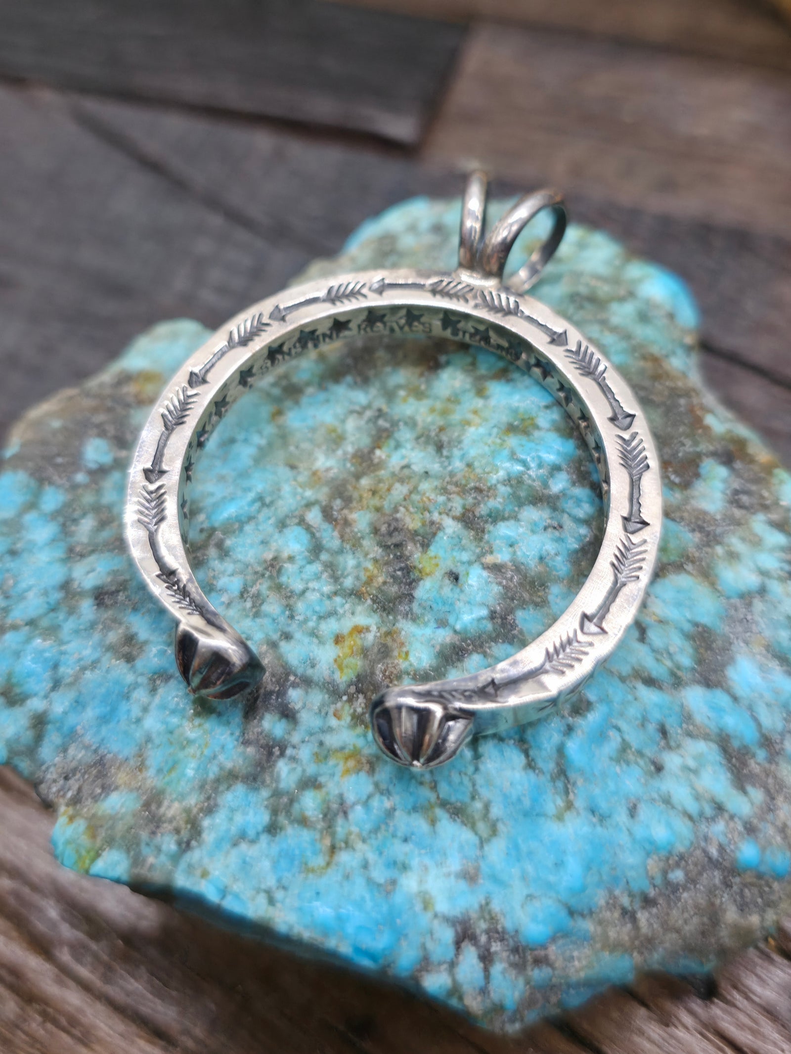 Stamped Sterling Silver Arrows and Swoops Naja Pendant by Sunshine Reeves - 2 in. by 1 3/4 in.