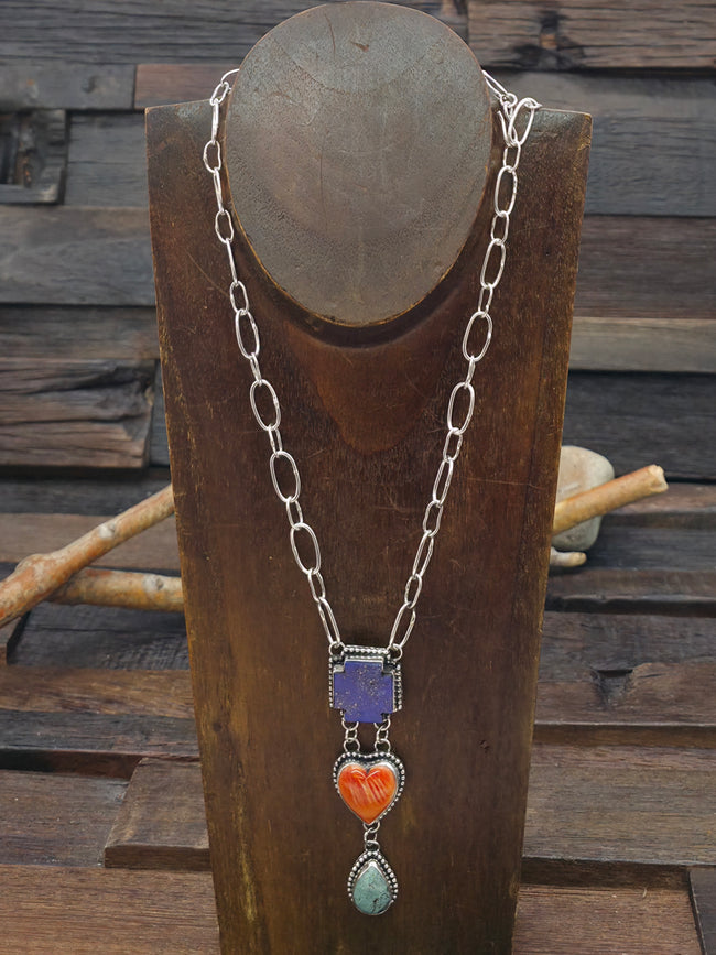 Sterling Silver Turquoise, Lapis, and Spiny Heart and Cross Necklace by Rosella Paxson - 24 in. with 3 in. Drop