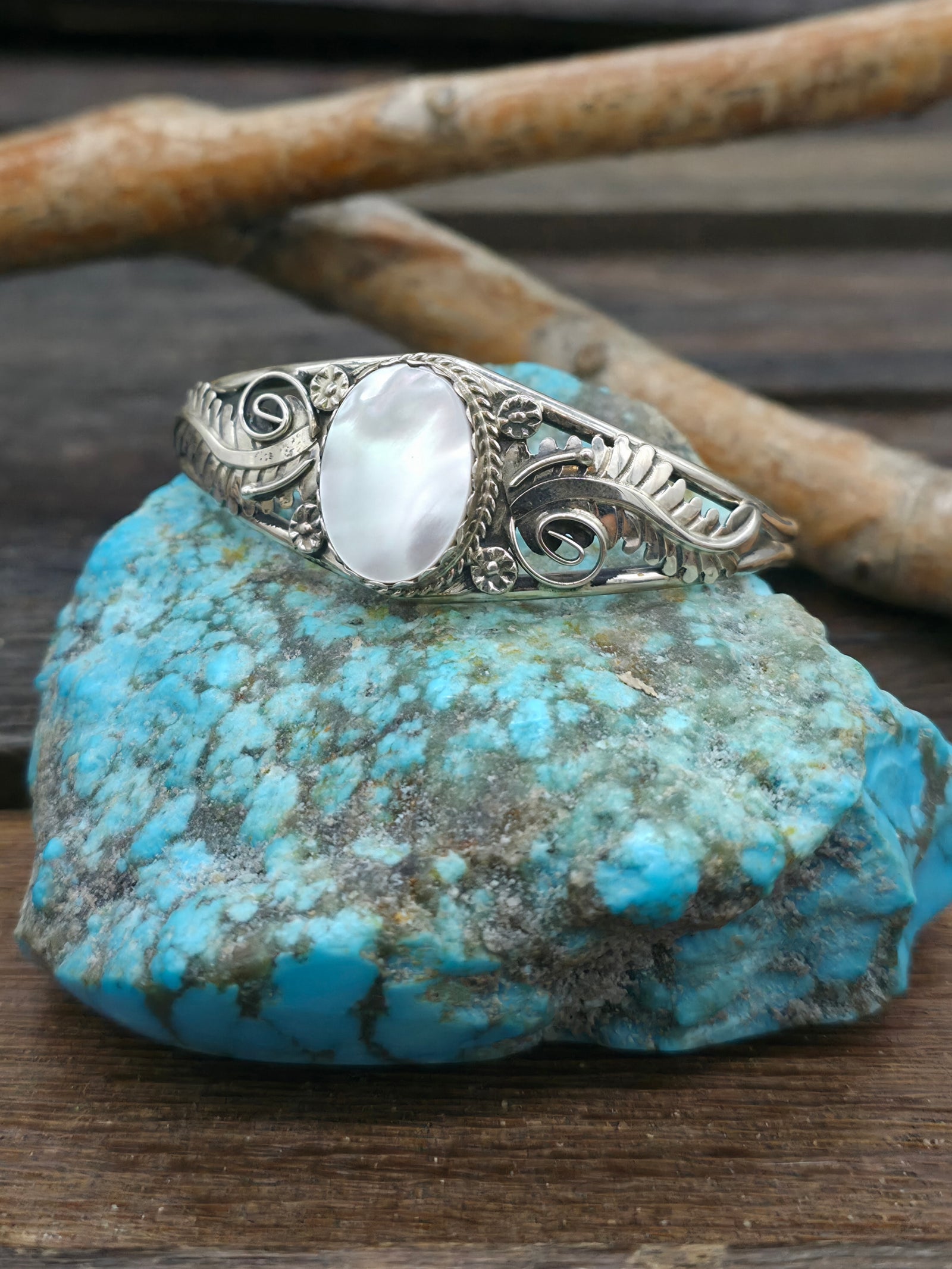 Mother of Pearl Sterling Silver Cuff by Renee Yazzie - 6 1/4 in. w/gap