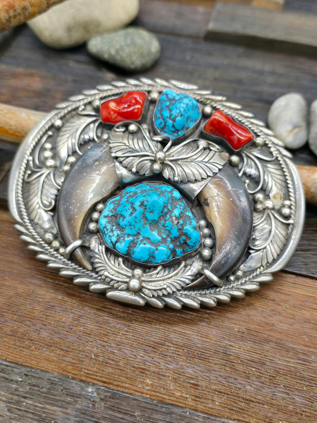 Vintage/Estate Sterling Silver Turquoise, Claw, and Coral Buckle