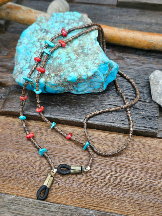 Turquoise and Coral Dark Heishi Eyeglass Chain by Ramona Bird - 26 in.