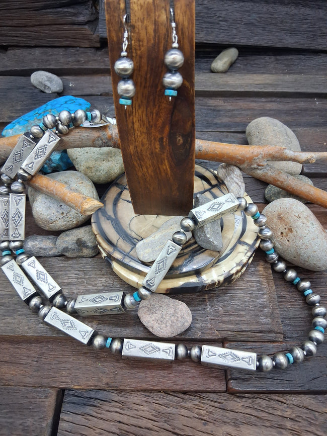 Sterling Silver Navajo Pearls and Large Stamped Box Beads with Turquoise and Dangle Hook Earrings