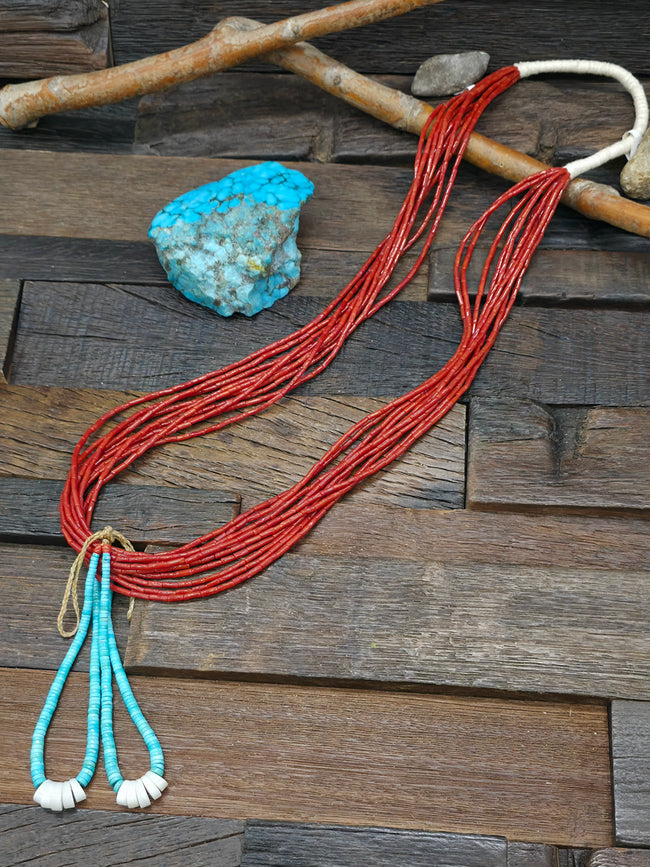 Ten Strand Coral Necklace with Turquoise Jacla and Traditional Wrap by Mel Masquat - 32 in. with 5 in. Drop