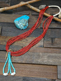 Ten Strand Coral Necklace with Turquoise Jacla and Traditional Wrap by Mel Masquat - 32 in. with 5 in. Drop