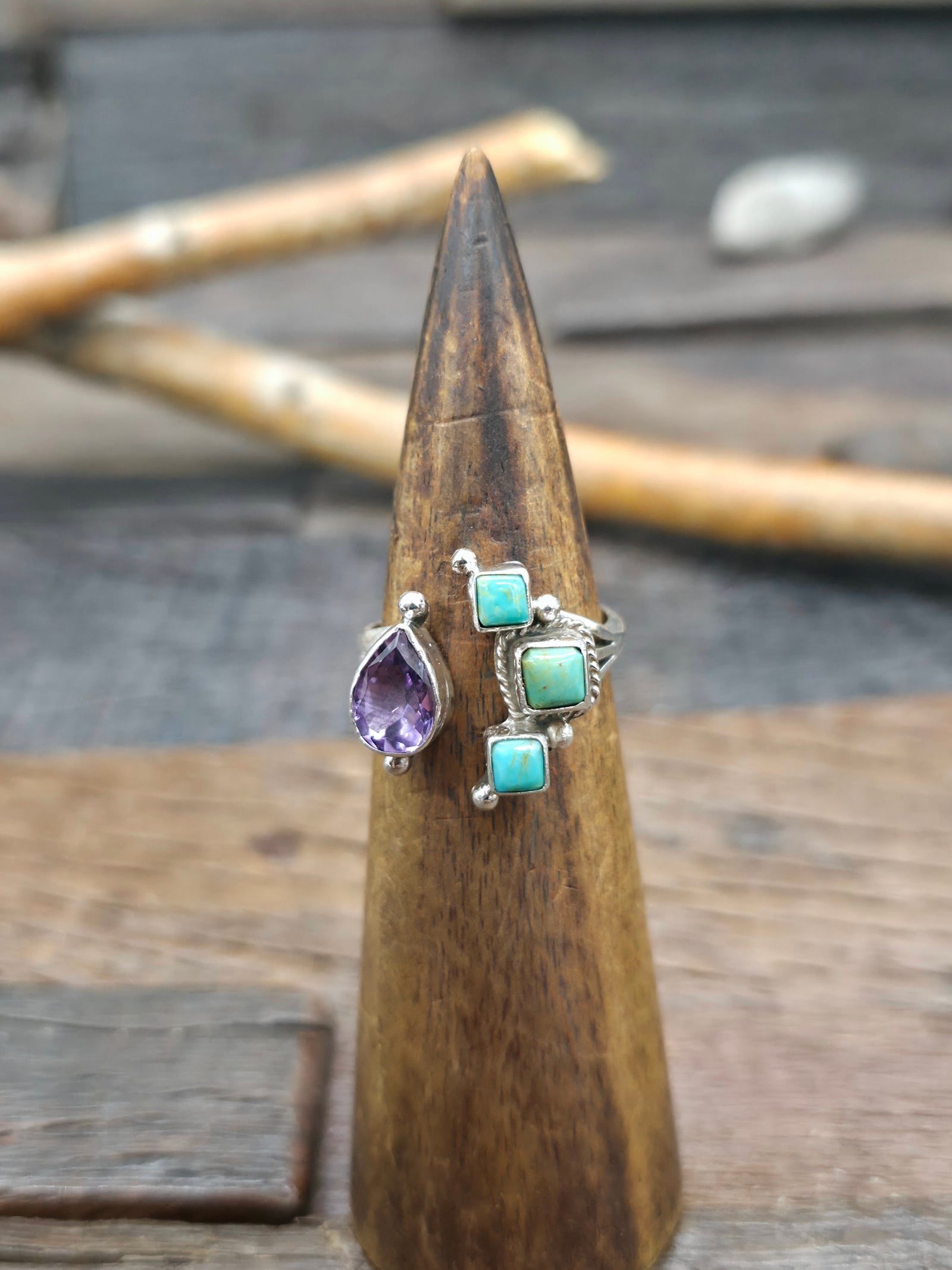 Sterling Silver Amethyst and Turquoise Wraparound Ring by Sheena Jack - Size 10