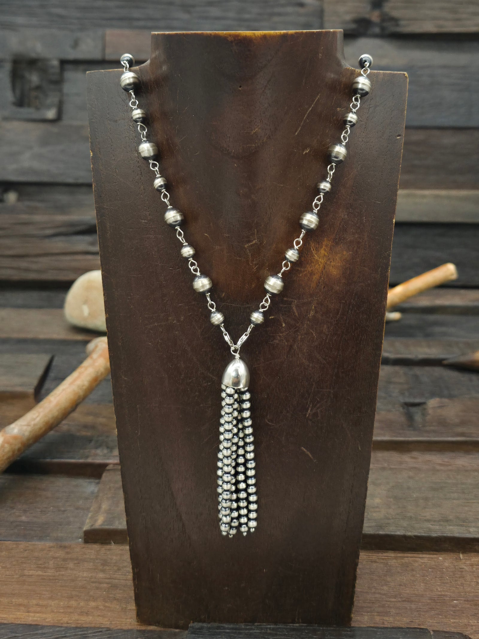 Oxidized Sterling Silver Bead Tassel Necklace - 24 in.