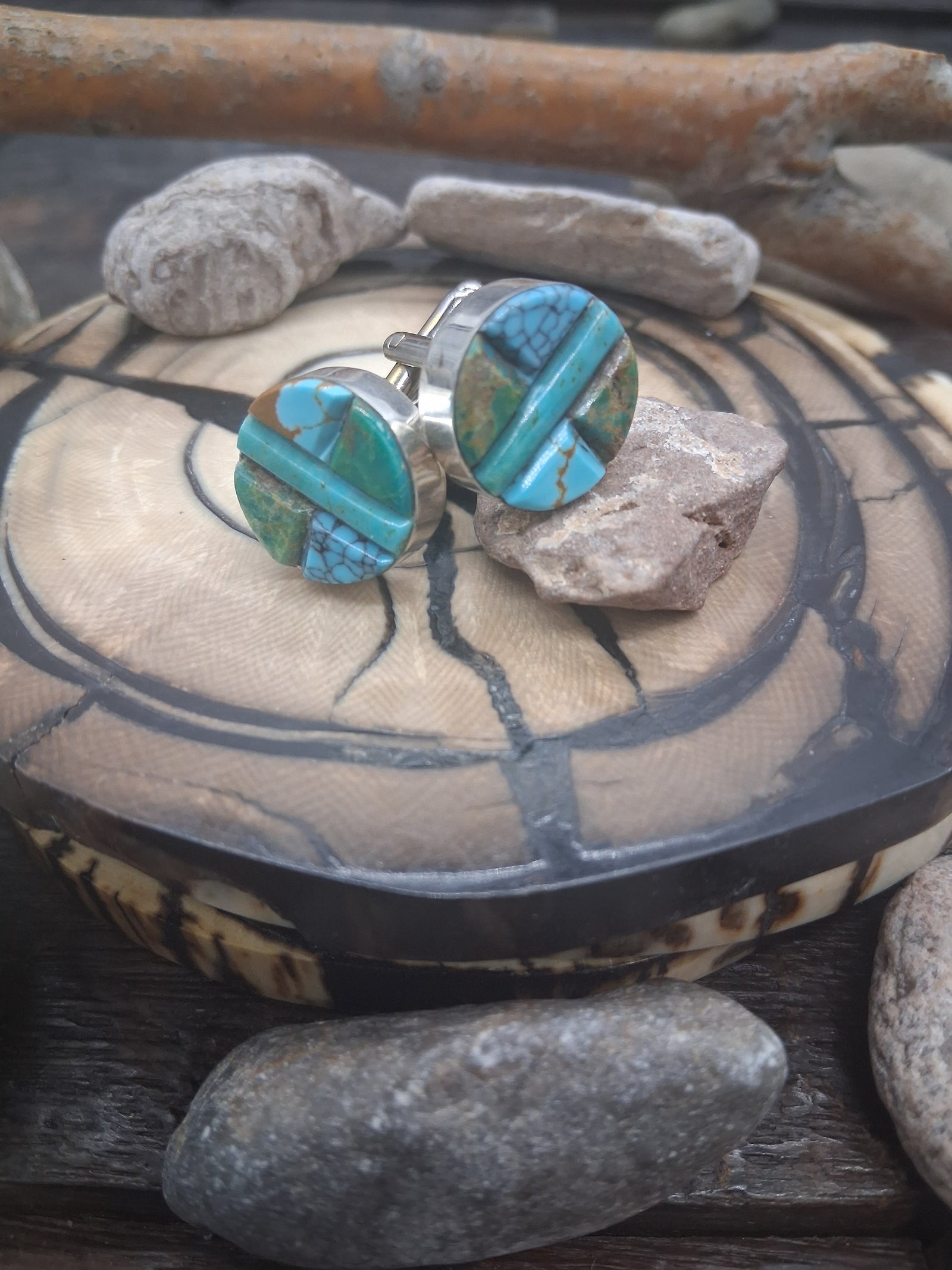 Round Sterling Silver and Turquoise Cobblestone Inlay Cufflinks by Edison Yazzie