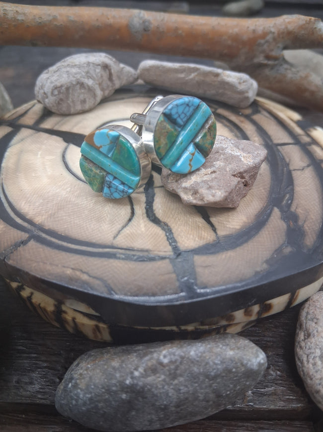 Round Sterling Silver and Turquoise Cobblestone Inlay Cufflinks by Edison Yazzie