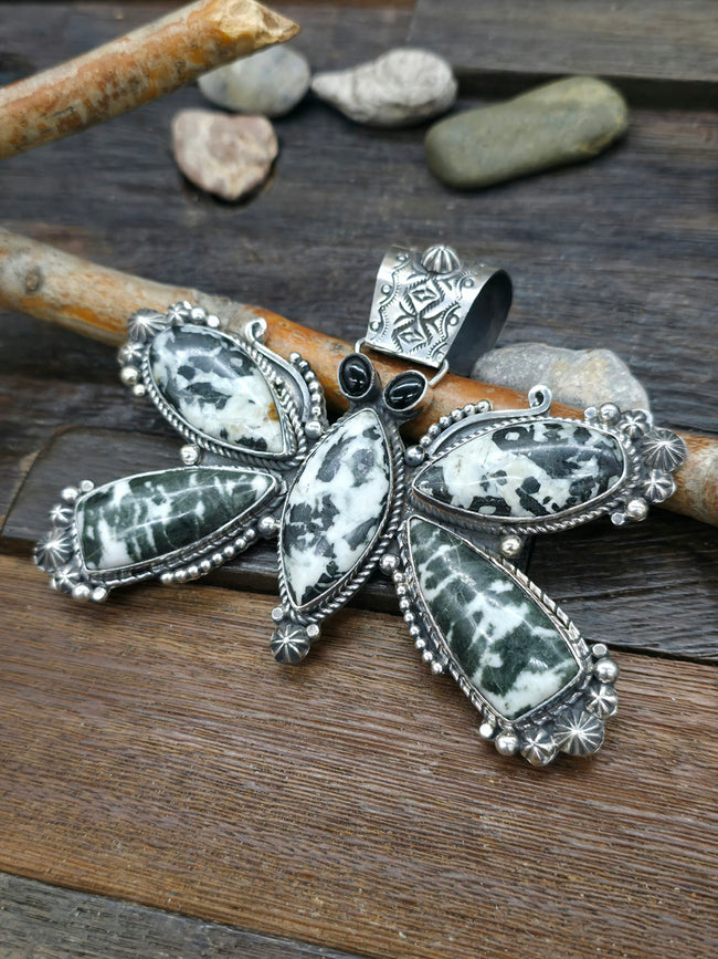 Extra Large Black and White Jasper and Onyx Sterling Silver Butterfly Pendant by Rosella Paxton