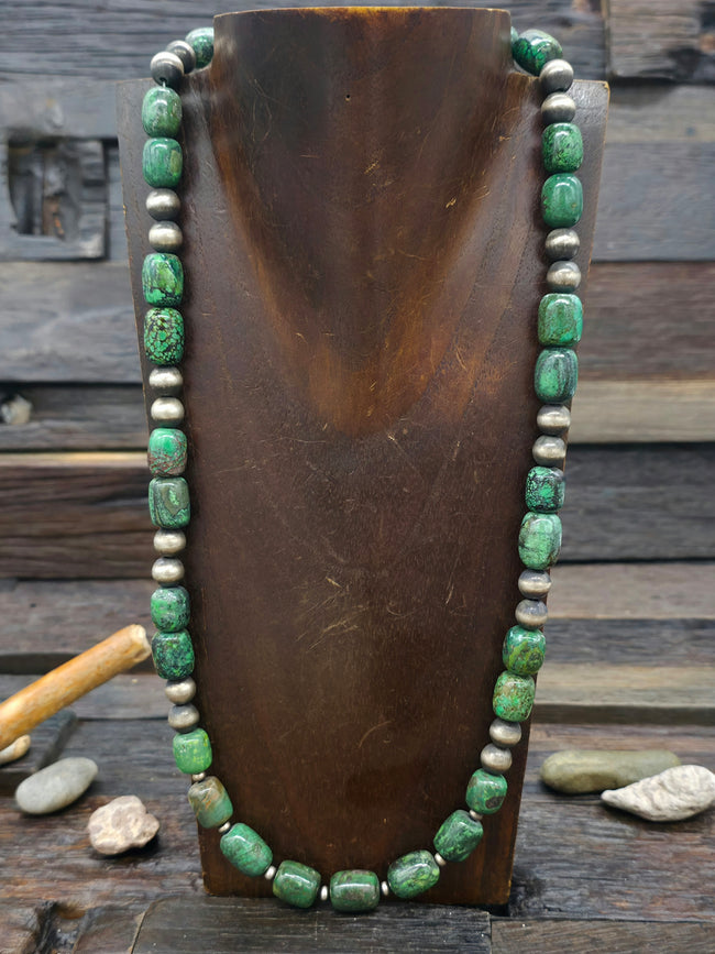 Sky Horse Turquoise Barrel Bead Necklace with Sterling Silver - 24 in