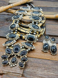 Black Onyx Squash Blossom Necklace and Earring Set by Linda Yazzie 28 in.