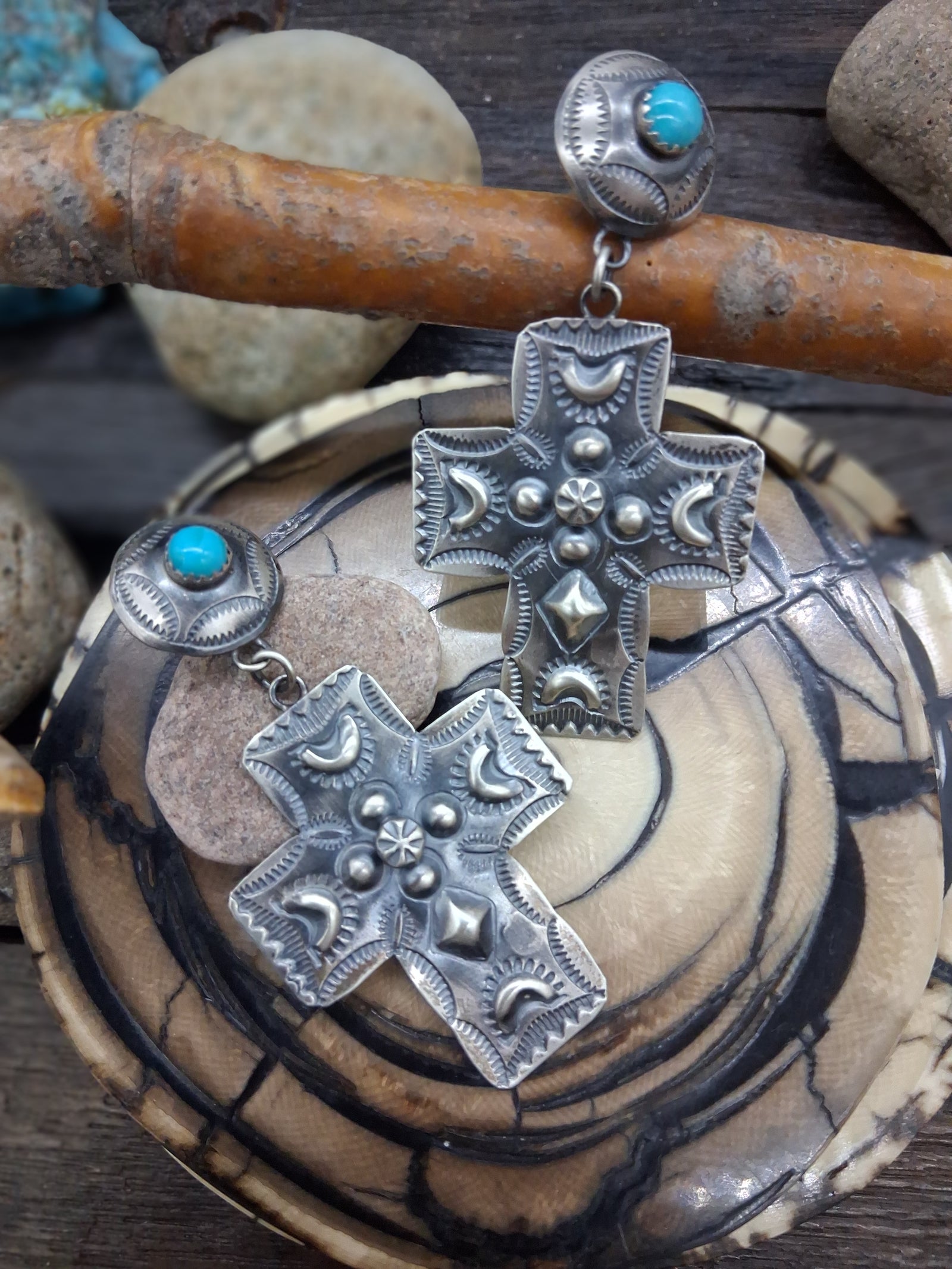 Sterling Silver w/Turquoise Cross Dangle earrings with repousse by S. Yazzie