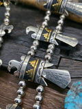 Sterling Silver and Brass Overlay Thunderbird Squash Blossom Necklace and Earring Set by Rose Singer - 28 in.