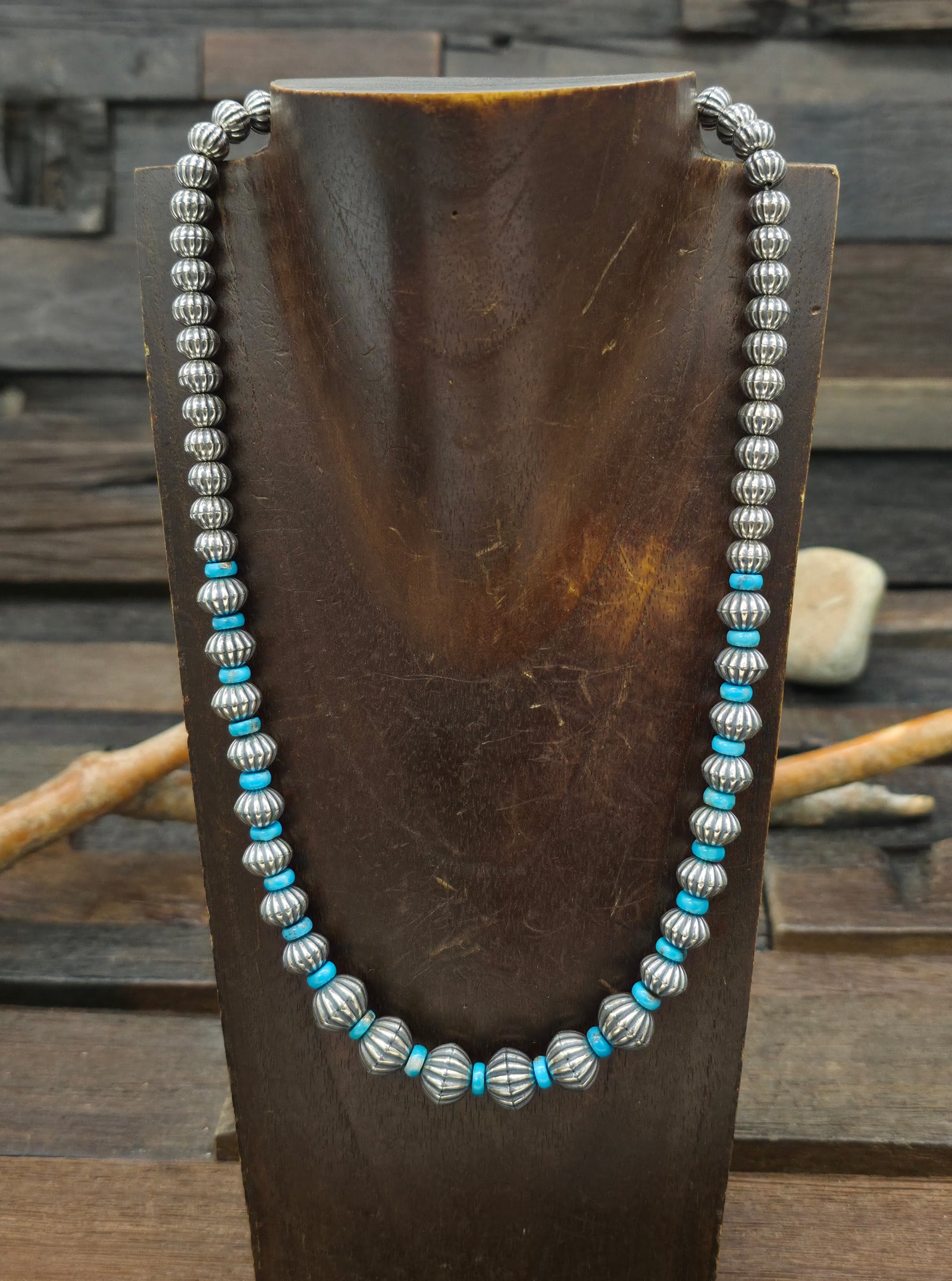 Fluted Sterling Silver and Turquoise Bead Necklace - 18 in. plus 2 in. Extender
