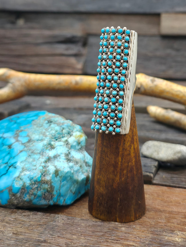 Sterling Silver Turquoise Zuni Petit Point Ring by S. Haloo - Size 7 1/2