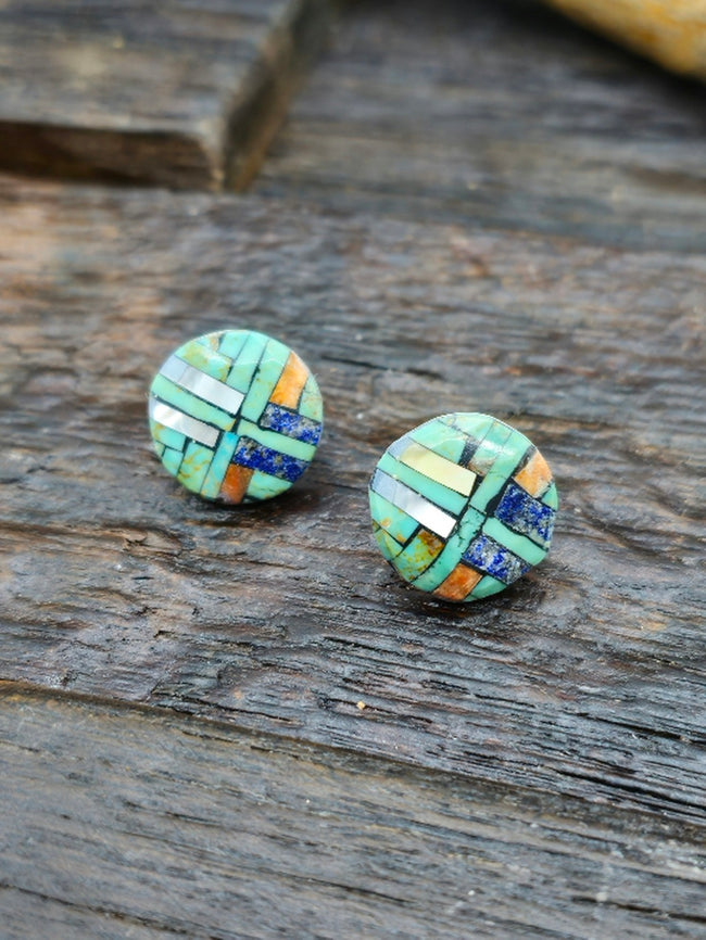Mosaic Inlay Circular Post Earrings by Joe Reano