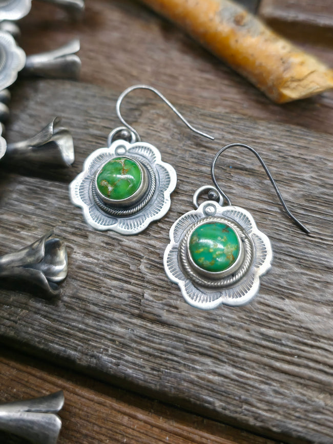 Stamped Sterling Silver Sonoran Turquoise Squash Blossom Necklace and Earring Set by Danny Henio - 22 in.