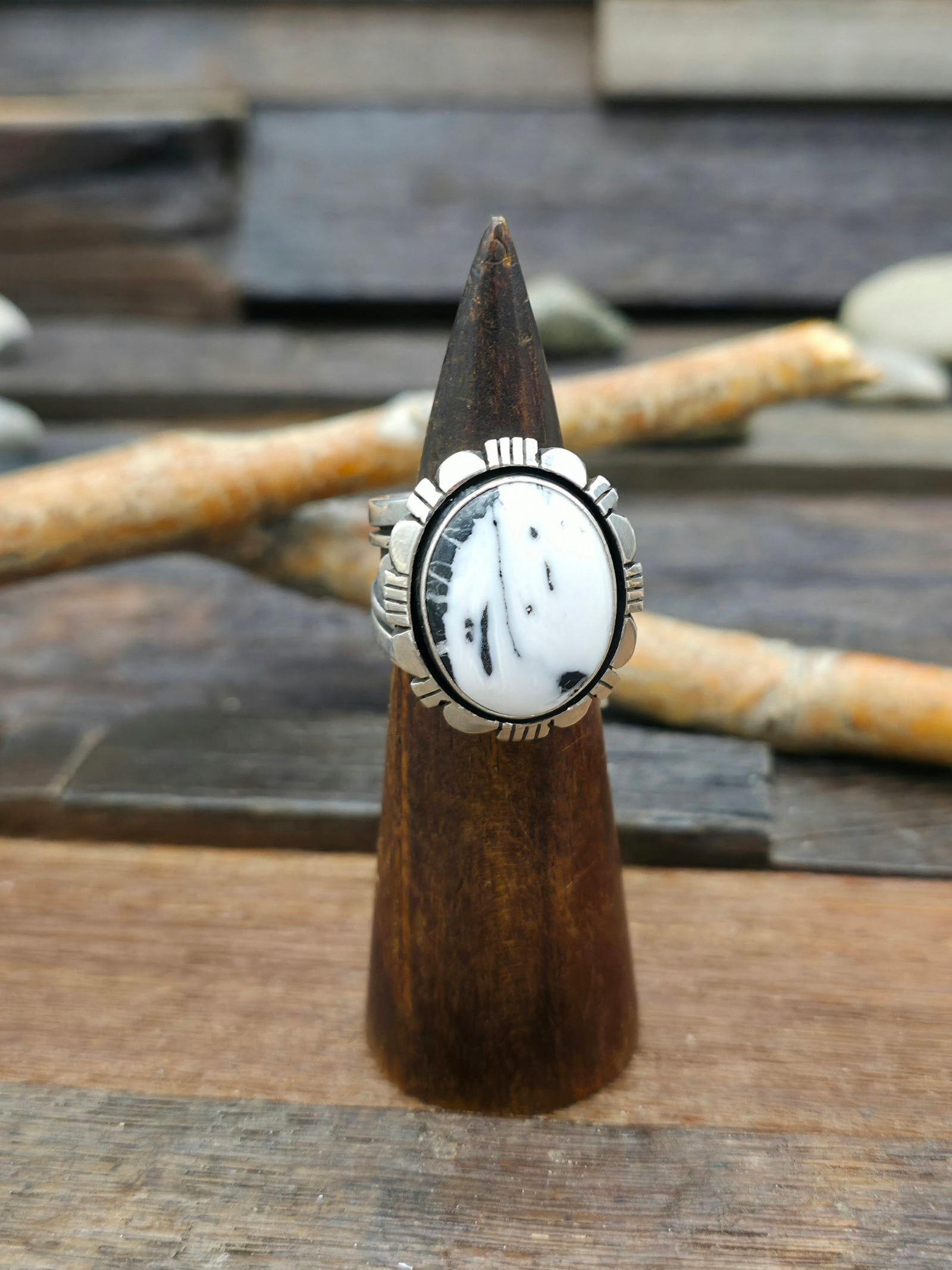 Wide White Buffalo and Sterling Silver Ring by C. Willie - Size 10 1/2