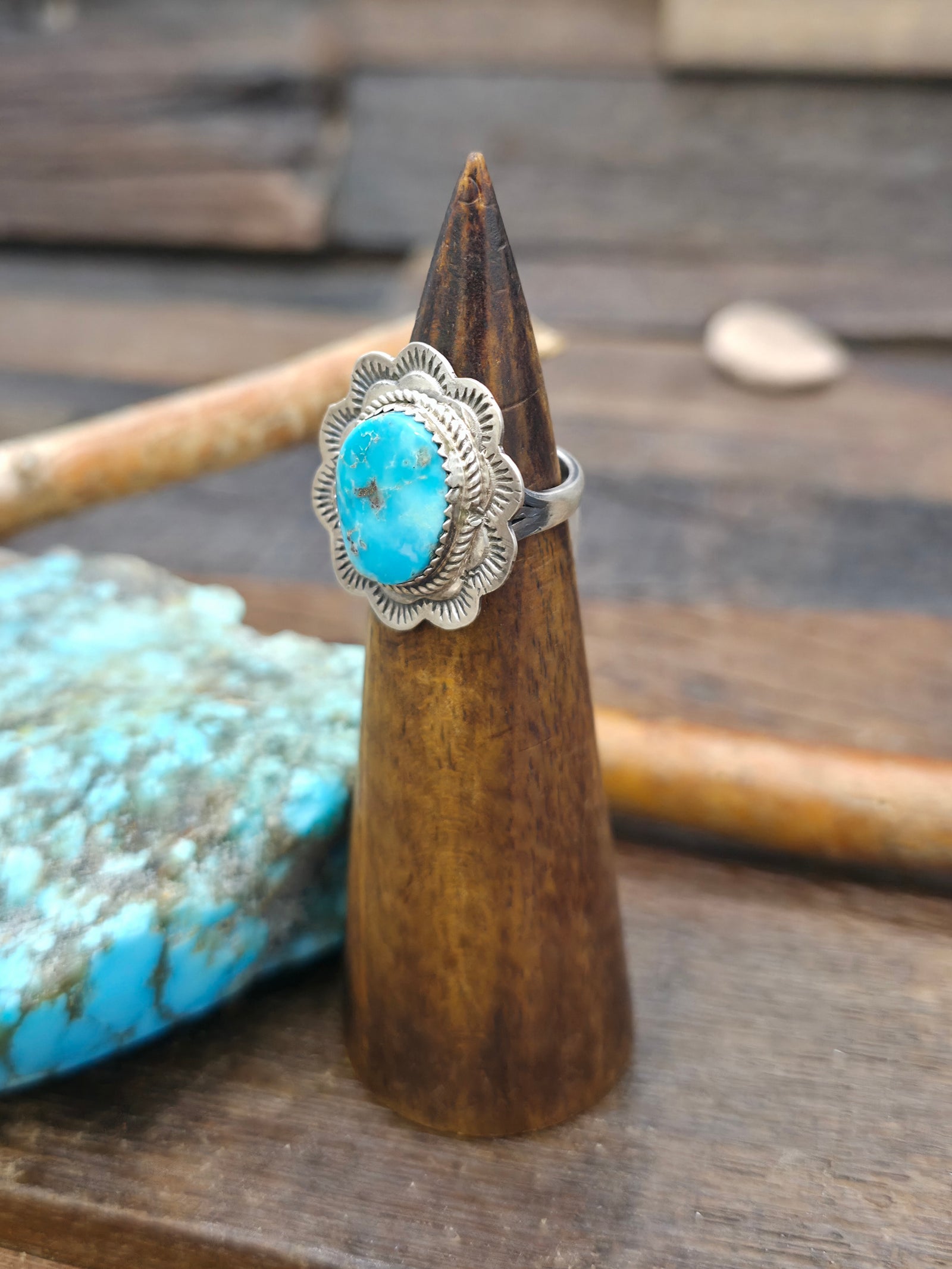 Stamped Sterling Silver Turquoise Ring by L. Ganado - Size 6 1/2