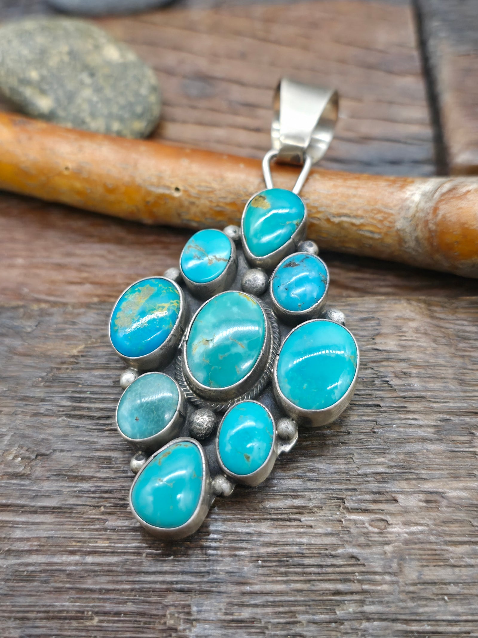 Sterling Silver Turquoise Cluster Pendant by Shelia Becenti - 3 1/4 in. by1 1/2 in.