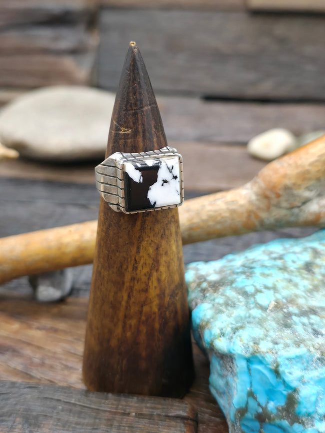 Square Sterling Silver White Buffalo Ring by Bennie Romano - Size 8 1/2