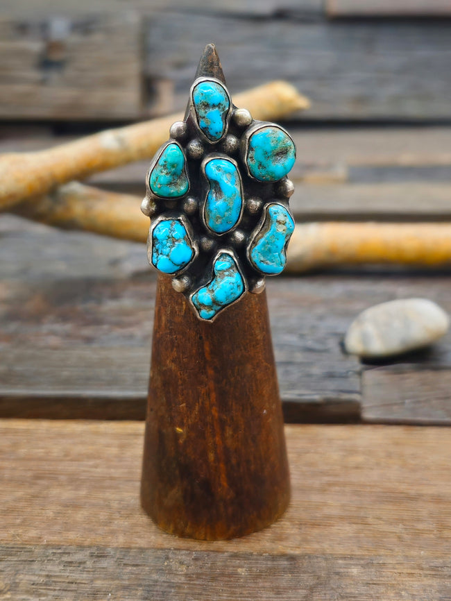 Vintage/Estate Blue Turquoise Nugget Cluster Sterling Silver Ring - Size 7