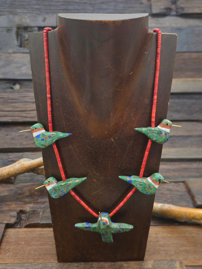 Dark Green Composite Five Hummingbird Necklace with Sponge Coral by Matt Mitchell - 24 in.