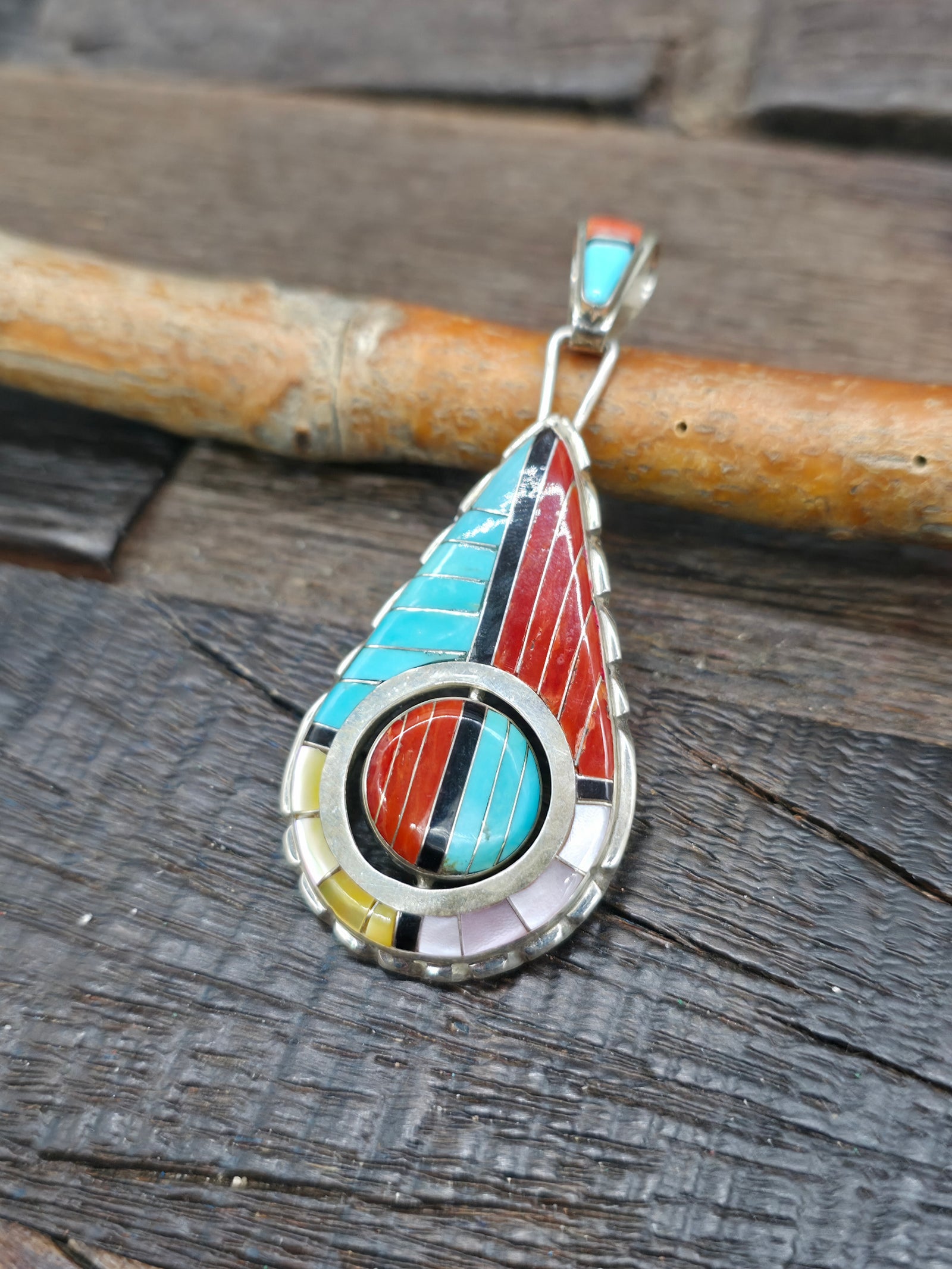 Teardrop Sterling Silver Zuni Inlay Sun Face Pendant by Don Dewa - 2 3/4 in. by 1 1/4 in.