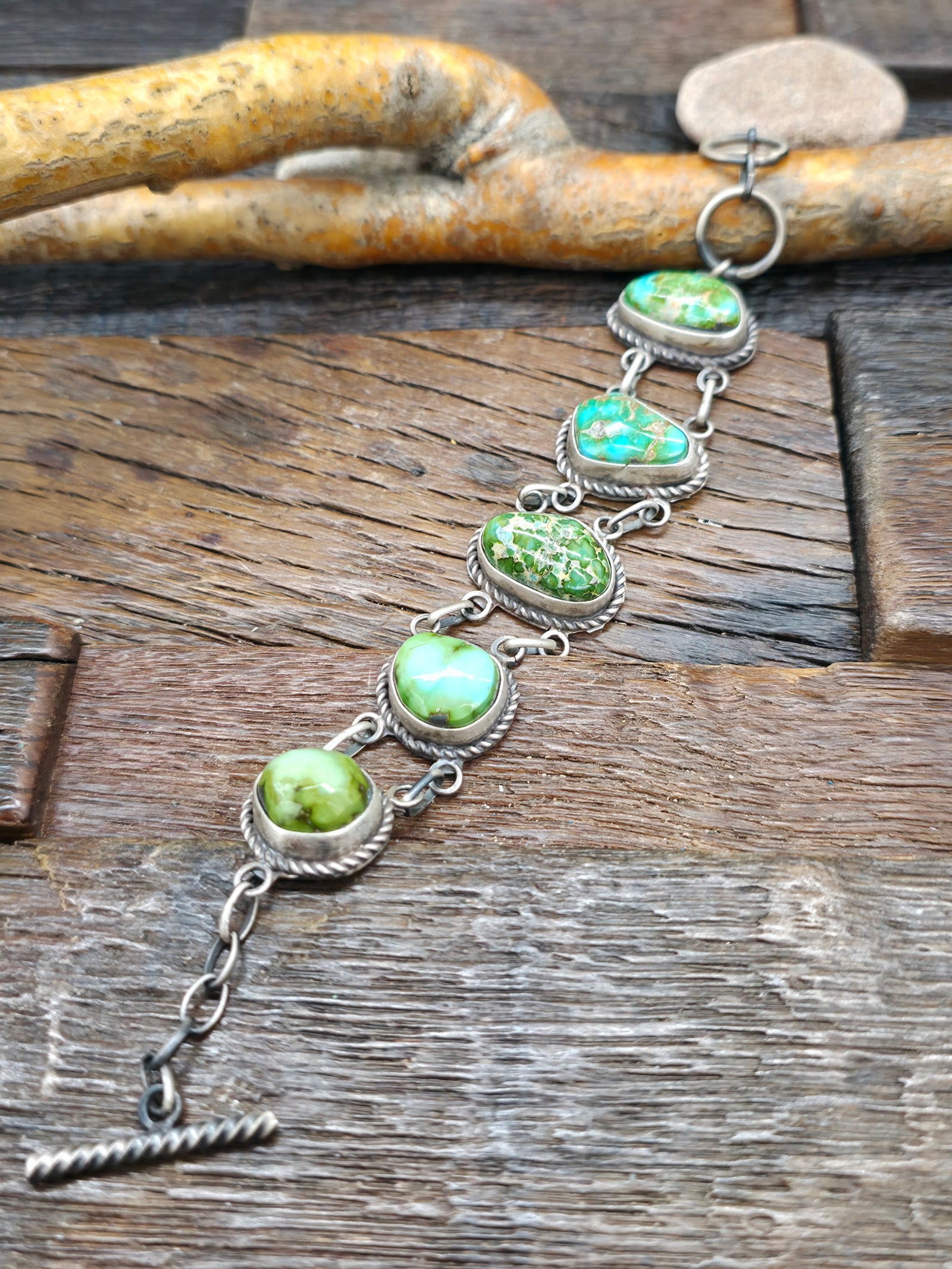 Five Stone Sterling Silver Sonoran Turquoise Link Bracelet by LaRose Ganadanegro - 8 in.