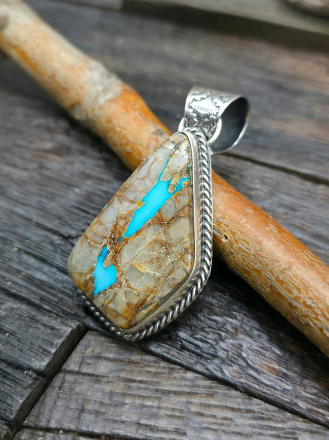Boulder Blue Gem Turquoise Sterling Silver Pendant by Rosella Paxton