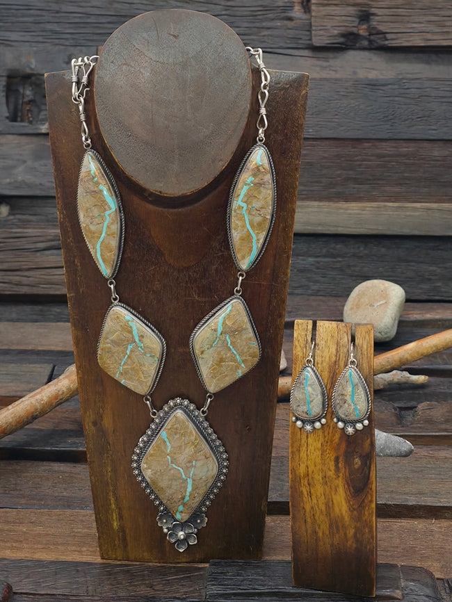 Sterling Silver Ribbon Blue Gem Turquoise Lariat Necklace and Earring Set by LaRose Ganadanegro - 25 in.