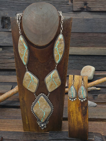 Sterling Silver Kingman Turquoise Lariat Necklace and Earring Set by Nila Johnson - 26 in. with 6 1/2 in. Drop
