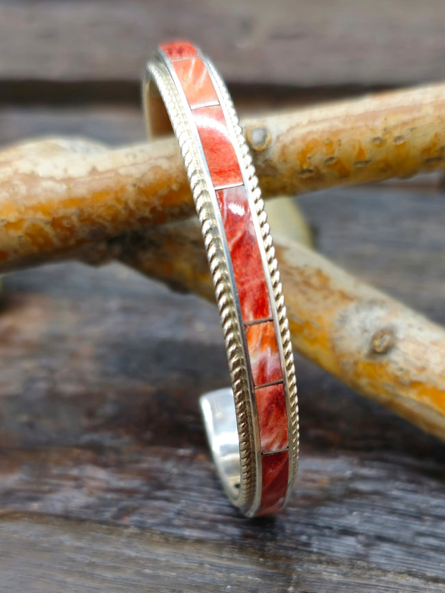 Spiny Oyster Inlay Sterling Silver Cuff by Ricky Booqua - 6 in.