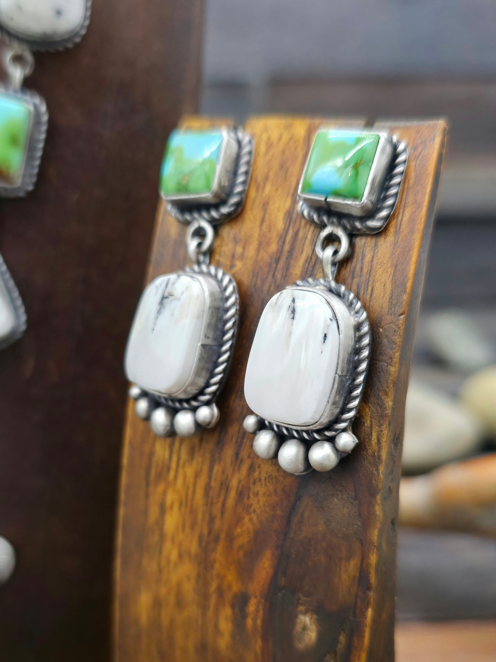 Sterling Silver White Buffalo and Sonoran Turquoise Lariat Necklace and Earring Set by LaRose Ganadonegro - 20 in.