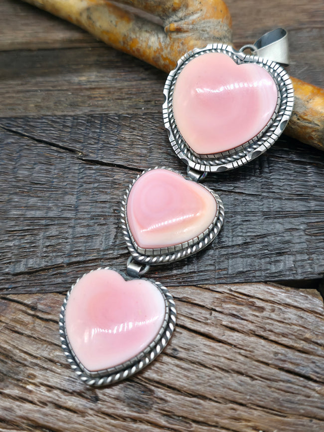 Three Stone Sterling Silver Pink Conch Heart Ladder Pendant by Walter Vandever - 4 1/2 in. by 1 1/2 in.