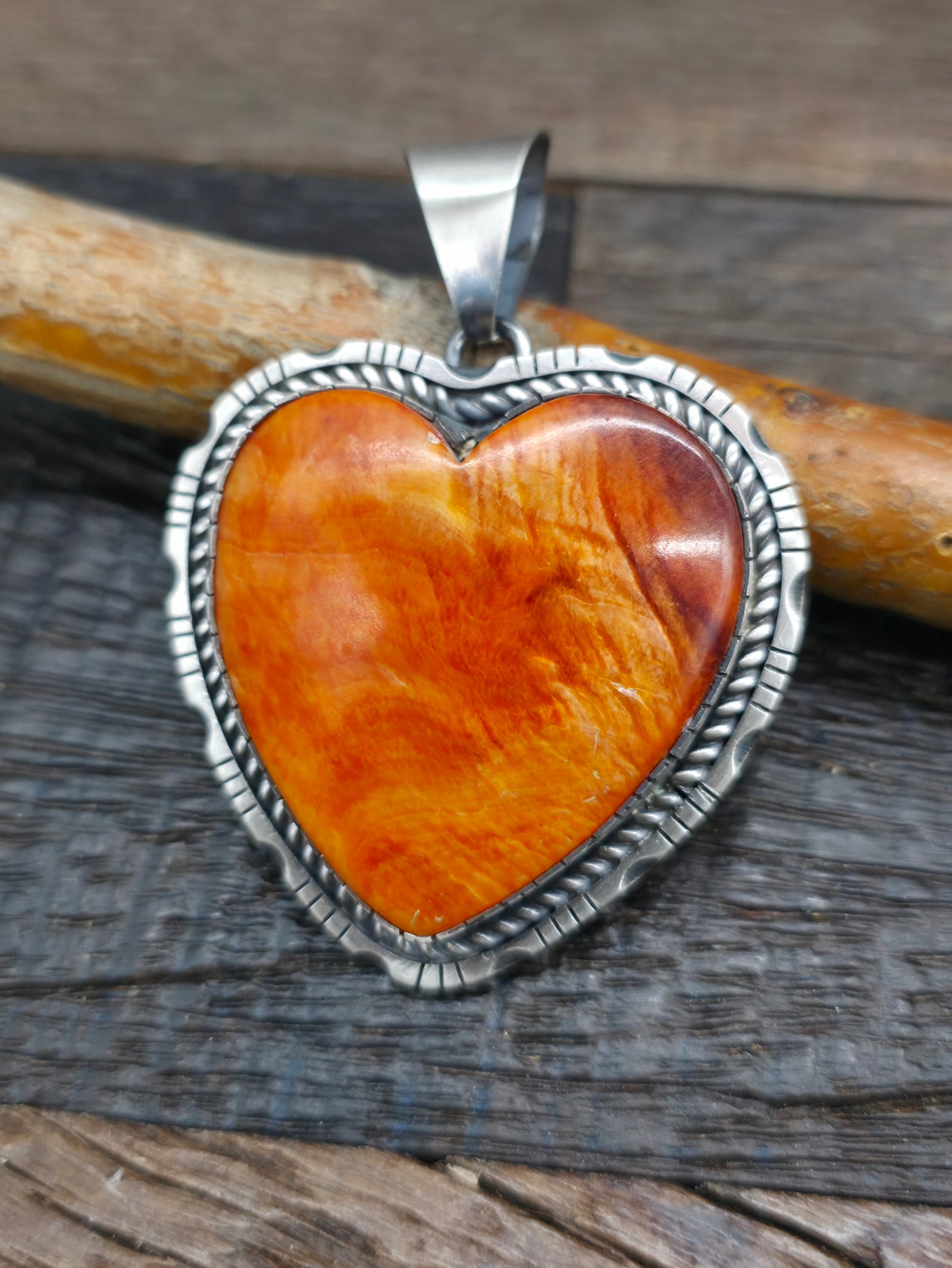 Large Orange Spiny Oyster Sterling Silver Heart Pendant by Walter Vandever - 2 1/2 in. by 1 3/4 in.